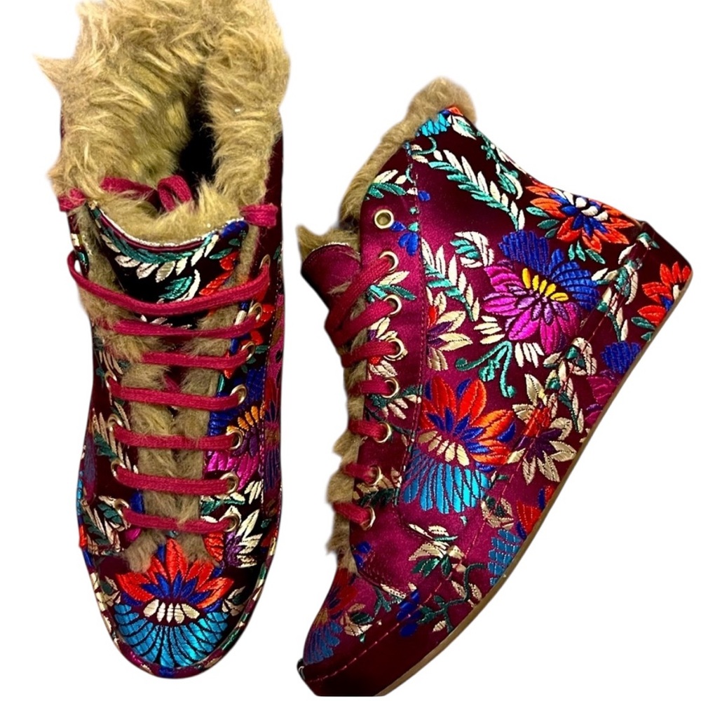 JOIE-NEW Floral Embroidered Brocade High Top Sneakers with fur trim. 🩷💜💙 - Picture 2 of 5